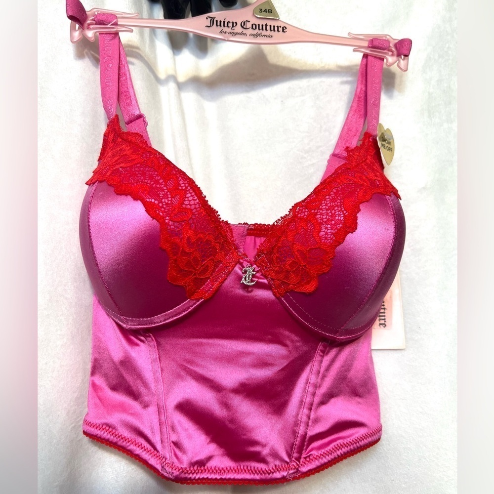 🩷❤️Juicy Couture 34B Bra Corset Push Up Hot Pink Red Satin Lace Underwire-NWT🩷❤️ - Picture 8 of 10